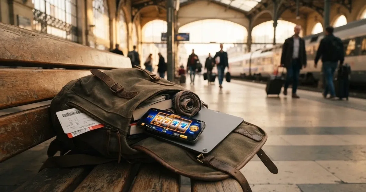 Rucsac deschis lângă un telefon și o tabletă pe o bancă de gară, cu un peron luminat în fundal.