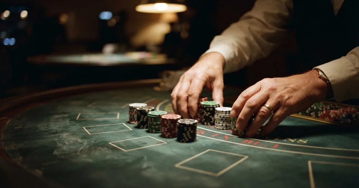 Mâini de crupier aranjând jetoane pe o masă de poker, în lumina unui spot — blackjack cu live dealeri în românia