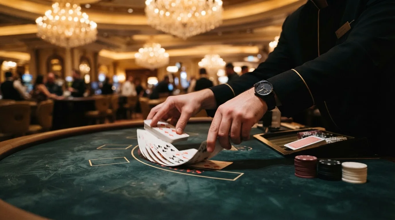 Mâinile unui crupier amestecă cărțile sub candelabrele unui cazinou elegant — blackjack reguli pentru români