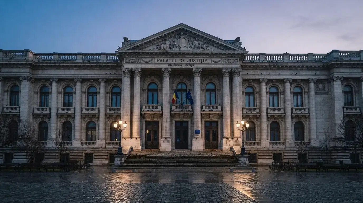 Fațada de piatră a unei clădiri guvernamentale din București, în lumina rece a zorilor — blackjack reguli pentru români