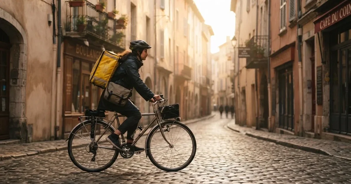 Un curier pe bicicletă cu rucsac galben pe o stradă pavată, în lumina dimineții — bune cazinouri în românia