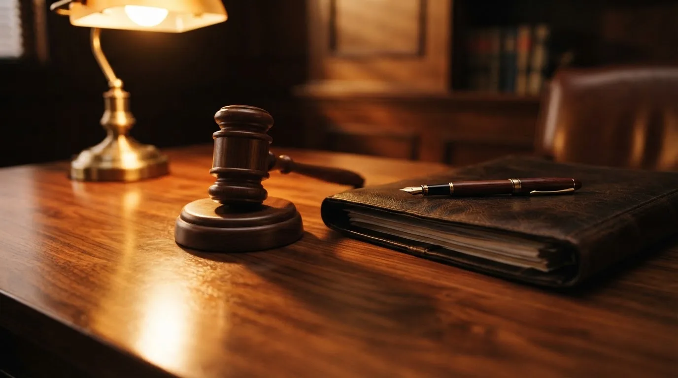 Un ciocan de judecător lângă un dosar de piele închis, pe o masă de nuc lustruit — bune cazinouri în românia