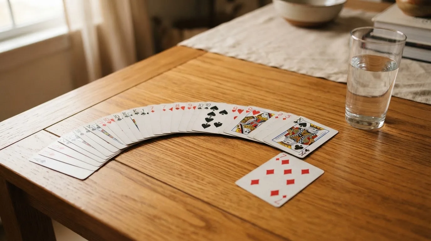 Un pachet de cărți de joc desfăcut evantai pe o masă de stejar, lângă un pahar cu apă — casino gratis în românia