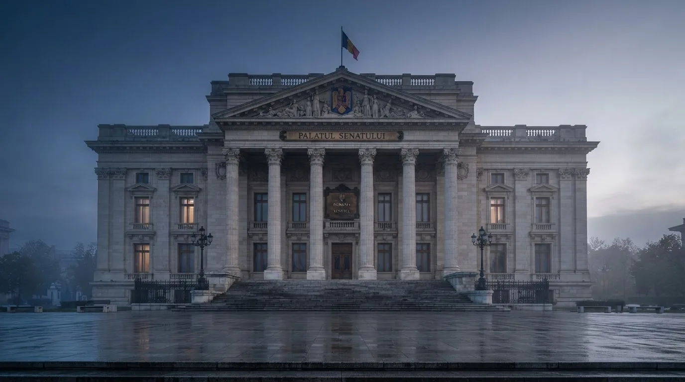 Fațada de piatră a unei clădiri guvernamentale din București, în lumina rece a zorilor — cazinouri cu ruletă în romania