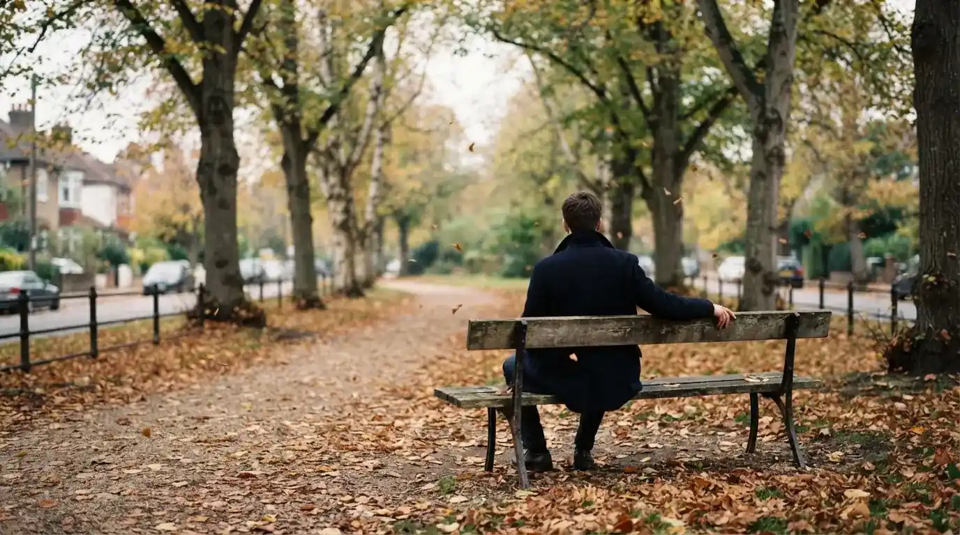 Un om pe o bancă din parc privește frunzele toamnei căzând, în lumină blândă — cazinouri fără licență în românia