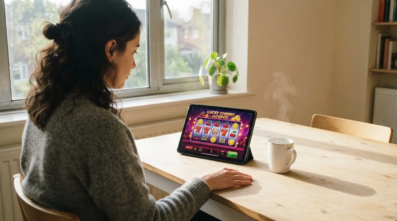 Adult tânăr stă la masa din sufragerie cu o tabletă în față și o cană de ceai, într-o cameră cu lumină naturală puternică.