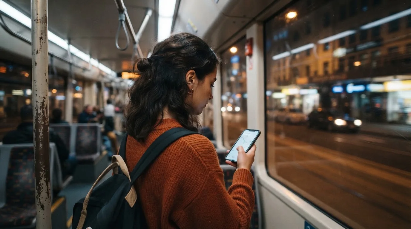 Tânără în tramvai ține telefonul cu ambele mâini și zâmbește, în timp ce afară se văd clădiri neclare în mișcare.