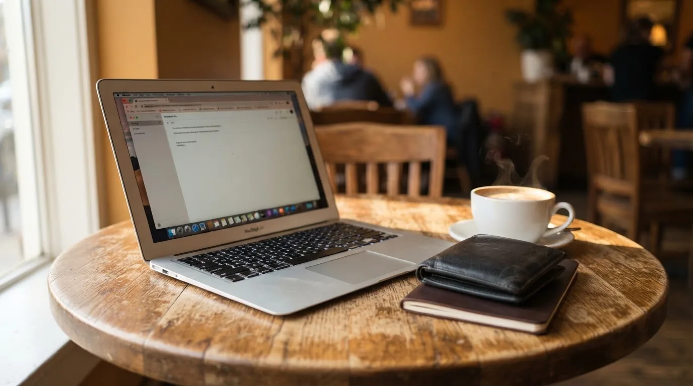 Laptop deschis pe o masă de cafenea, lângă un portofel de piele și o cană, cu lumina după-amiezii pe suprafața mesei.