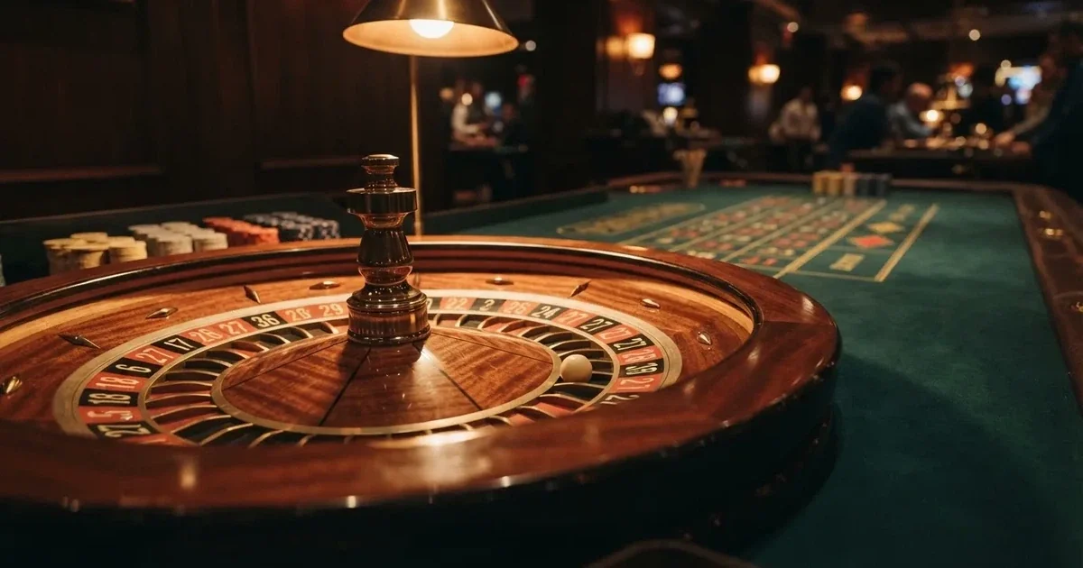 Un crupier în vestă neagră împarte cărți la o masă de blackjack, sub spoturi calde — jocuri de ruletă în română