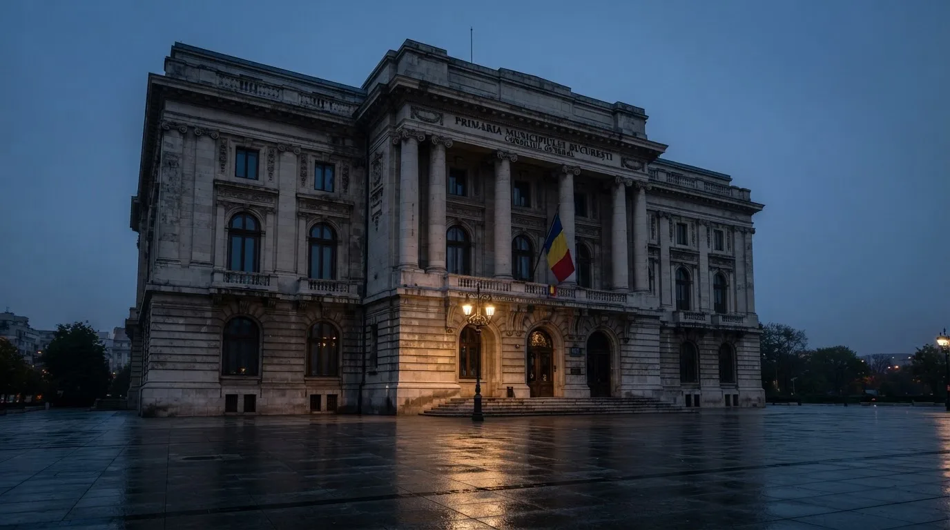 Fațada de piatră a unei clădiri guvernamentale din București, în lumina rece a zorilor — jocuri de ruletă în română