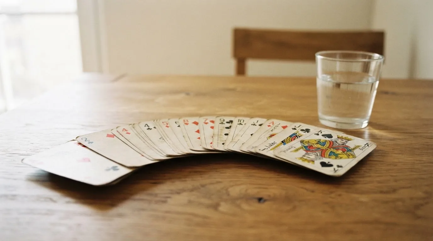 Un pachet de cărți de joc desfăcut evantai pe o masă de stejar, lângă un pahar cu apă — live blackjack în românia