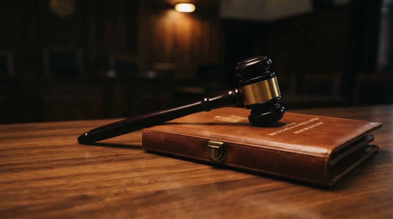 Un ciocan de judecător lângă un dosar de piele închis, pe o masă de nuc lustruit — live blackjack în românia